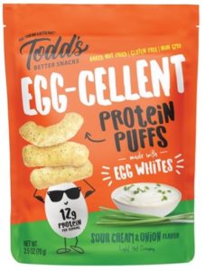 A bag of egg white protein puff snacks