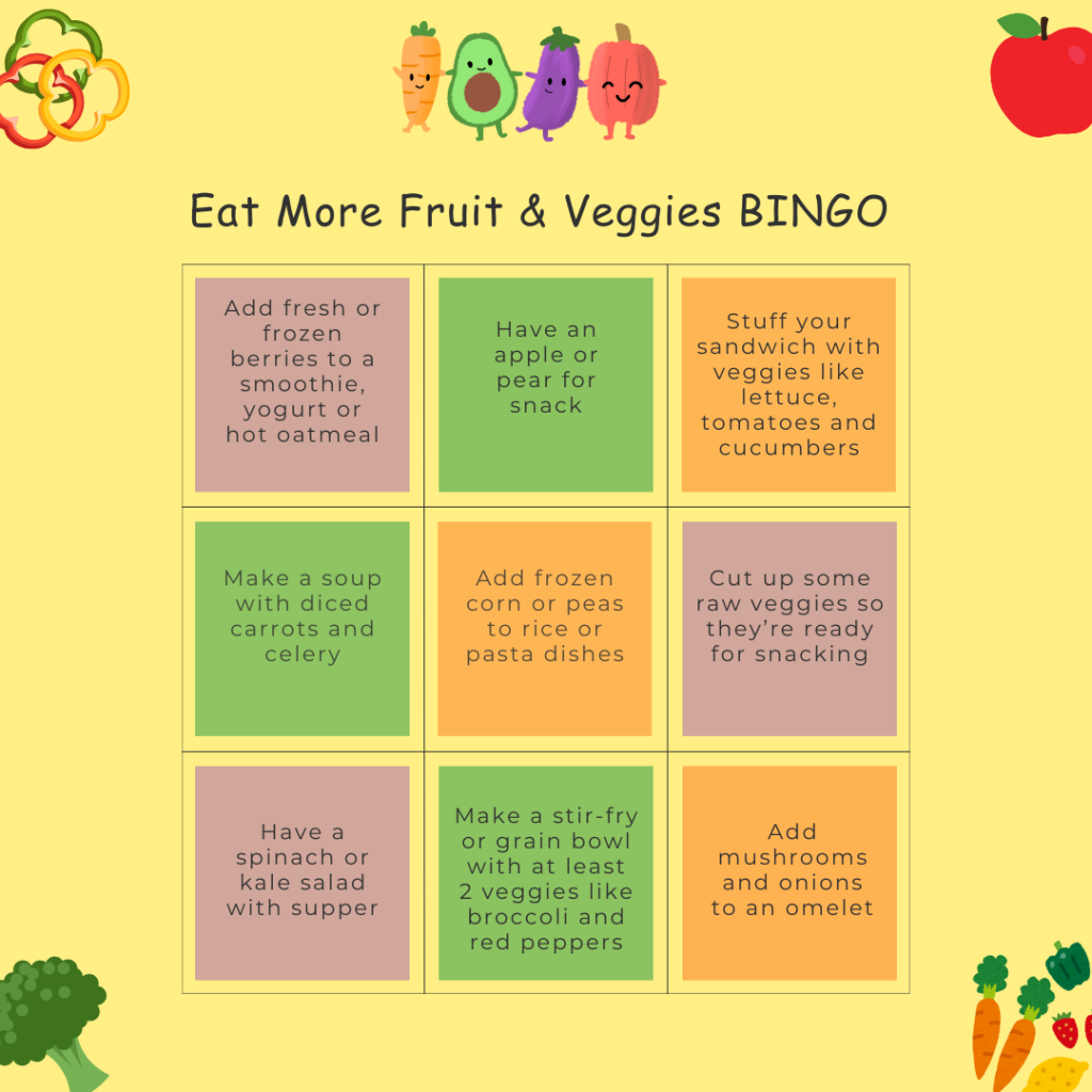 BINGO card with 9 squares. Each square has a tip for eating fruits and veggies.