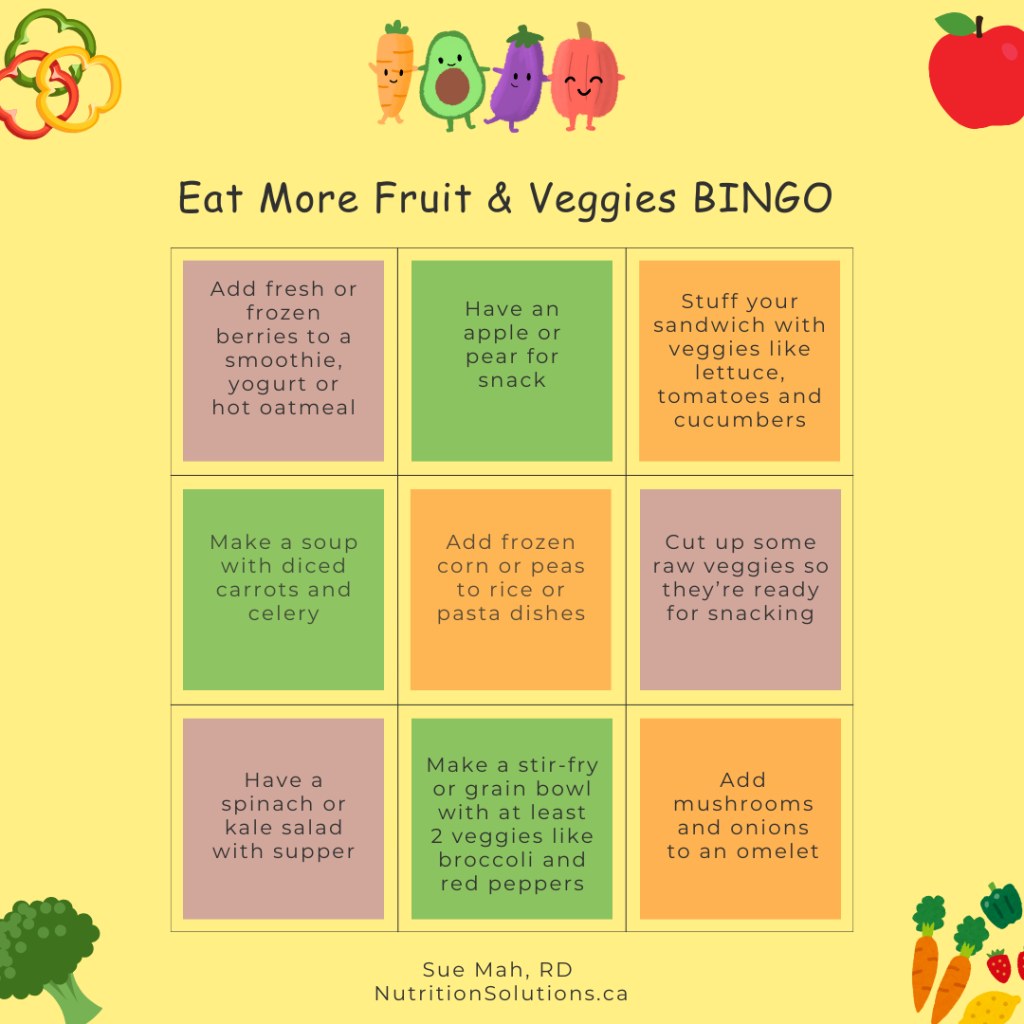 A BINGO card with 9 squares. Each square has a tip for eating more fruits and veggies.