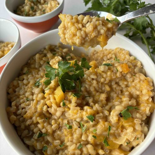 A bowl of barley and butternut squash risotto