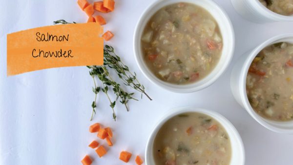 Small white bowls filled with salmon chowder